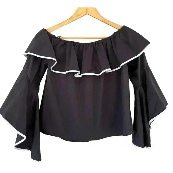 Zara Basic Women's Long Bell Sleeve Ruffle Blouse Size Small Black White - Picture 3 of 7